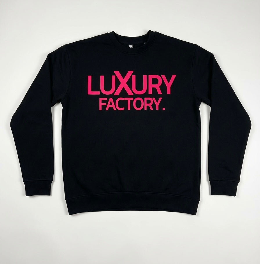 Black sweatshirt with pink 'LUXURY FACTORY' text on a white background